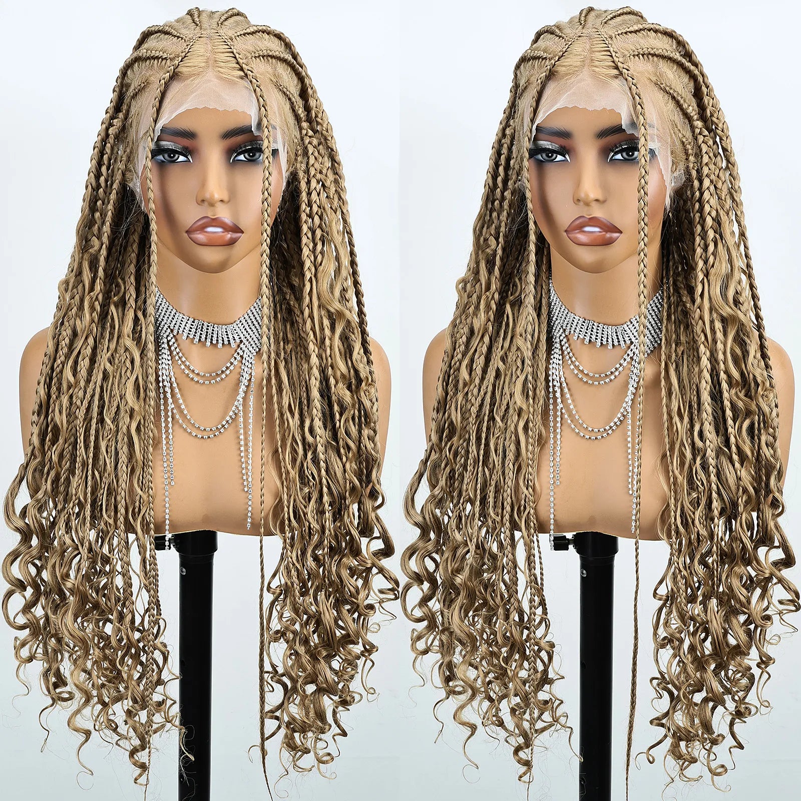 FABÉLLE Boho Cornrow Braided 30inch Trendy Boho Braid  With Curly End Premium Heat Resistant Synthetic Full Lace Braided wigs Wear and Go