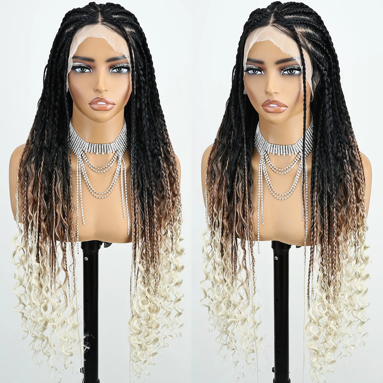 FABÉLLE Boho Cornrow Braided 30inch Trendy Boho Braid  With Curly End Premium Heat Resistant Synthetic Full Lace Braided wigs Wear and Go
