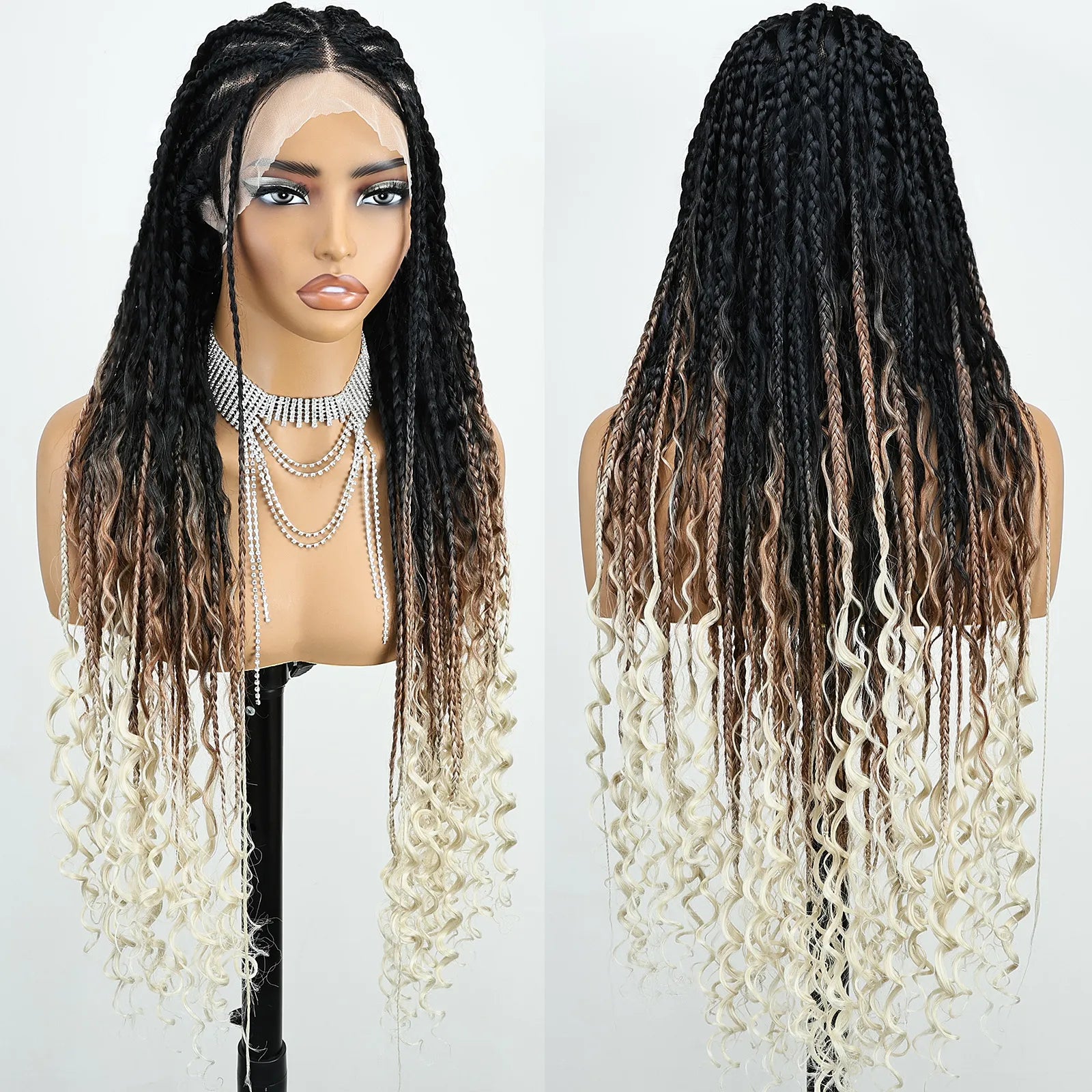 FABÉLLE Boho Cornrow Braided 30inch Trendy Boho Braid  With Curly End Premium Heat Resistant Synthetic Full Lace Braided wigs Wear and Go