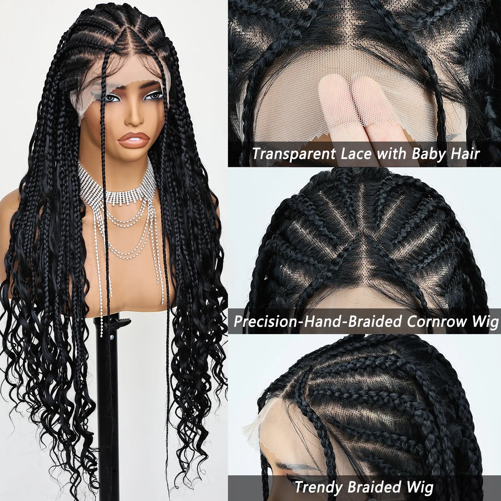FABÉLLE Boho Cornrow Braided 30inch Trendy Boho Braid  With Curly End Premium Heat Resistant Synthetic Full Lace Braided wigs Wear and Go