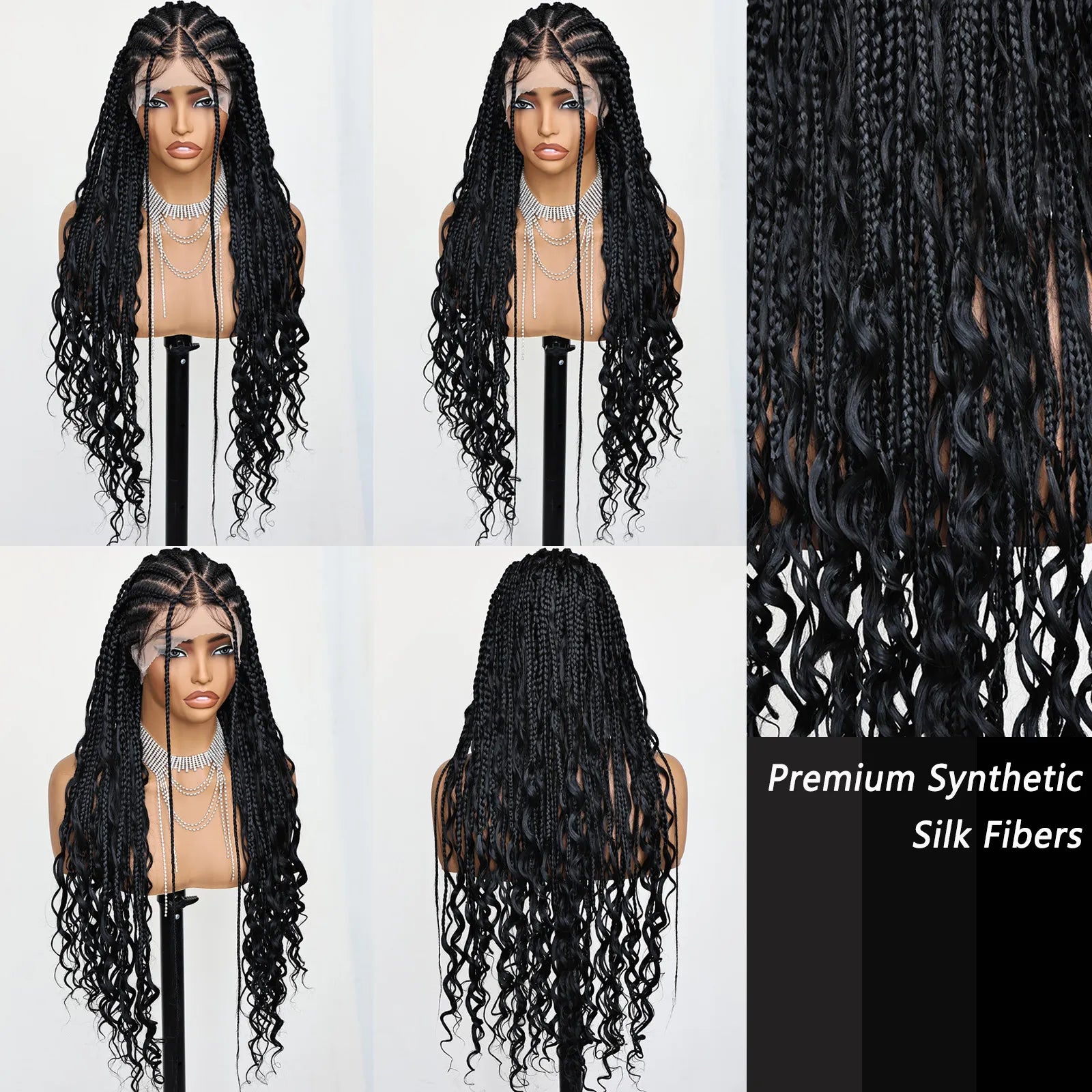FABÉLLE Boho Cornrow Braided 30inch Trendy Boho Braid  With Curly End Premium Heat Resistant Synthetic Full Lace Braided wigs Wear and Go