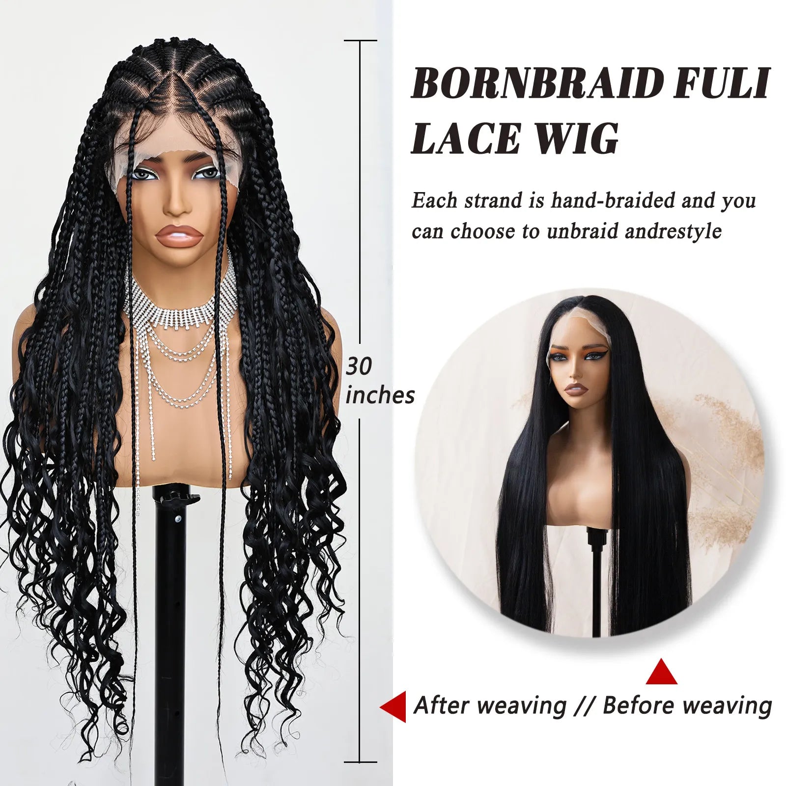 FABÉLLE Boho Cornrow Braided 30inch Trendy Boho Braid  With Curly End Premium Heat Resistant Synthetic Full Lace Braided wigs Wear and Go