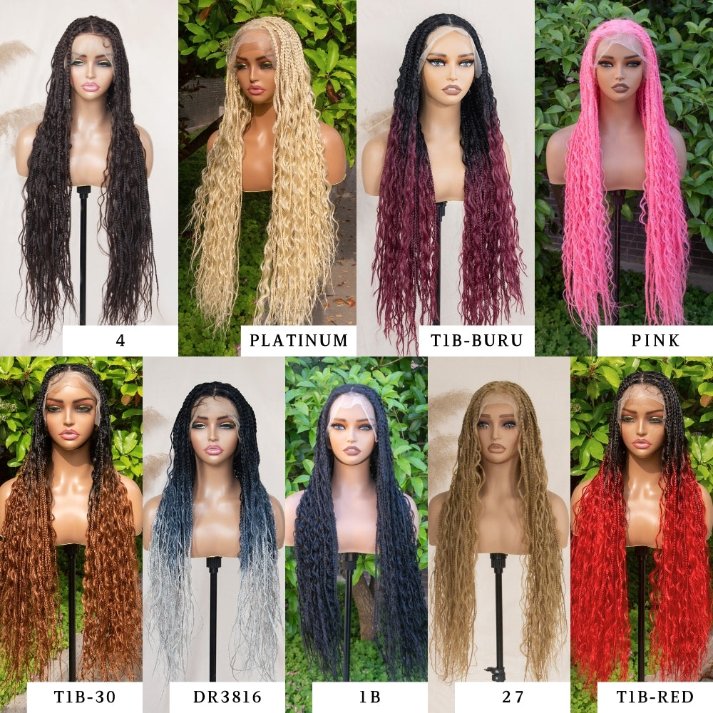 Boho Square Knotless Box Braid Wigs Full Lace Braided Wig Boho Curly Box Braids Wig With Baby Hair