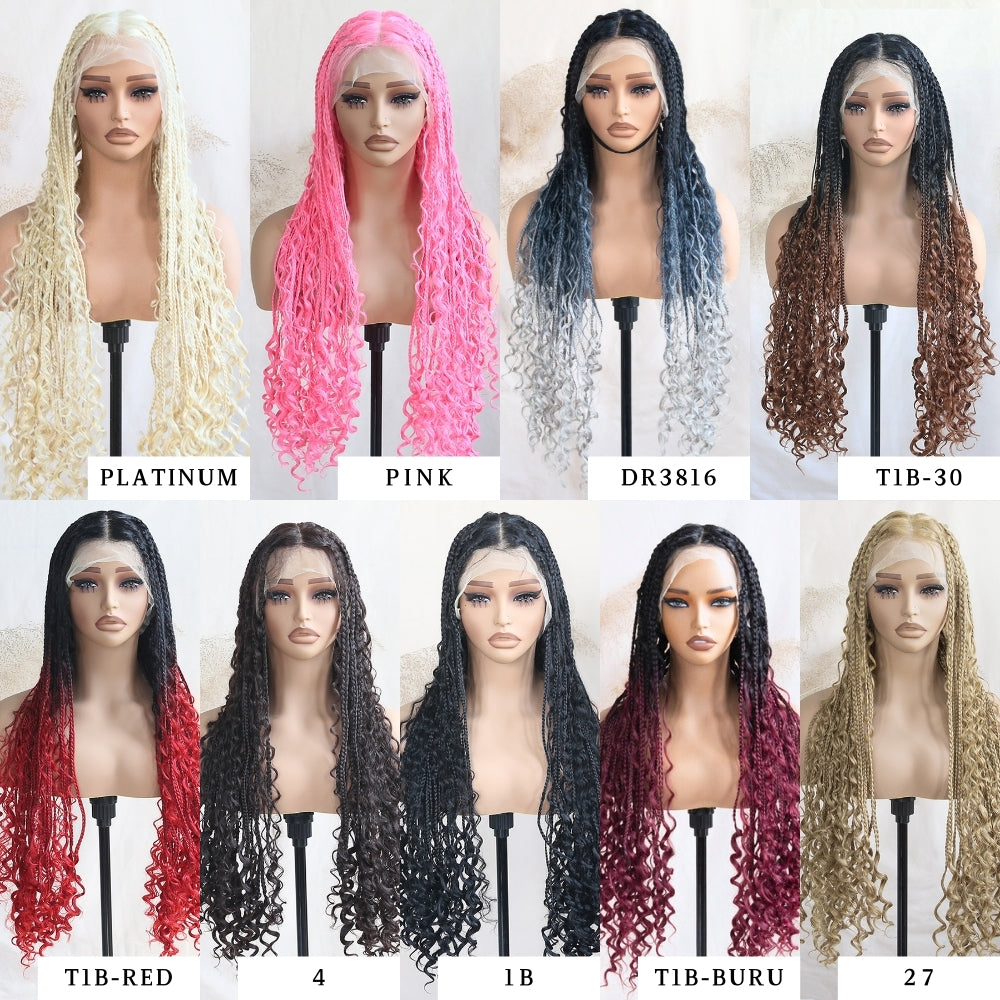 Full Lace Braided Wig Boho Triangle Knotless Braided Wig With Curly Ends Goddess Box Braids Wig