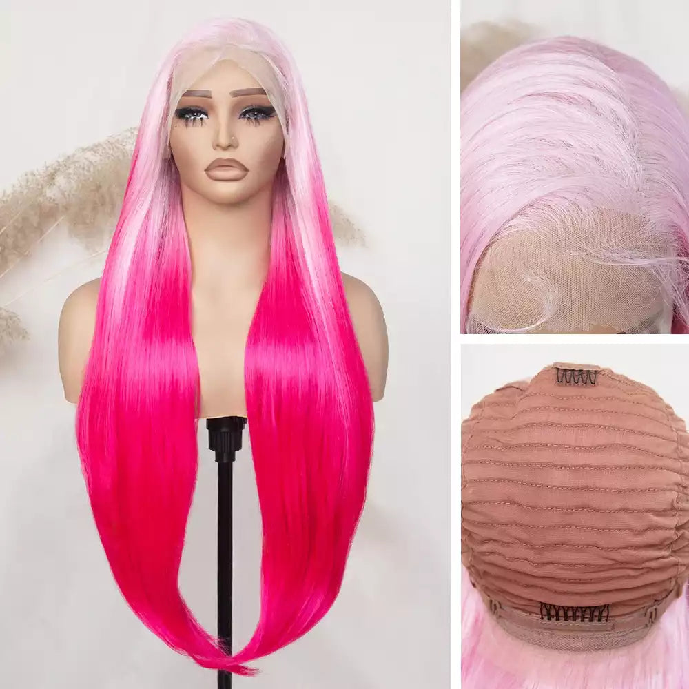 Straight Ombre Barbie Pink13_6_lace_front_wig 9602A #DR3701 