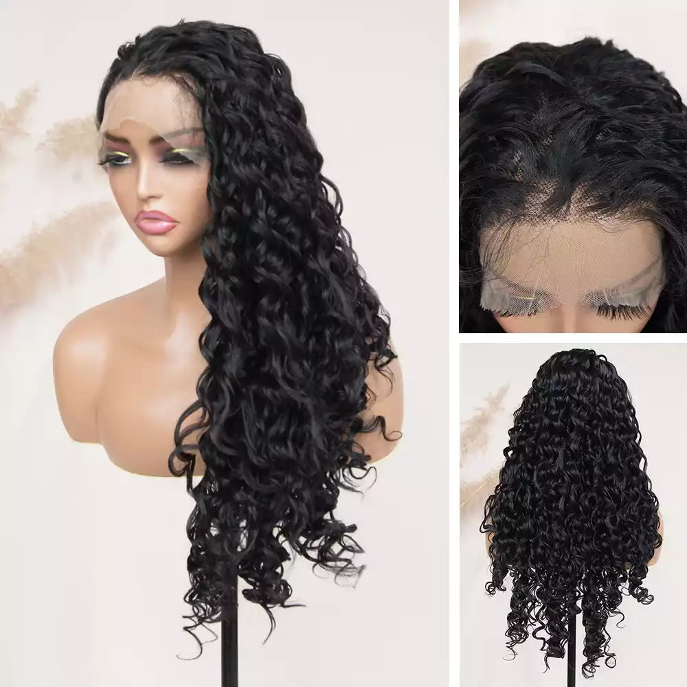 curly wig natural black 13×6 lace front wig RGF9970A-#1B