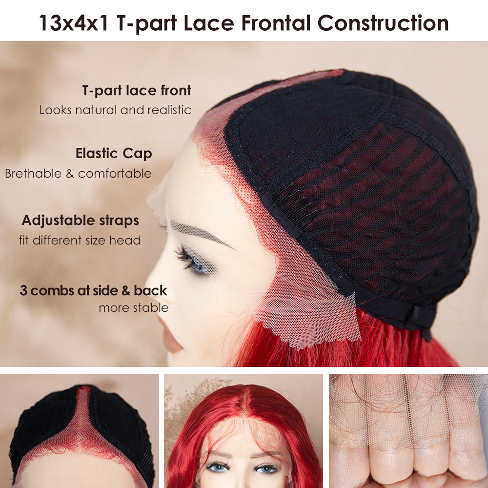 Red Color Glueless Lace Wig Loose Wave Hair Synthetic Lace Front Wig