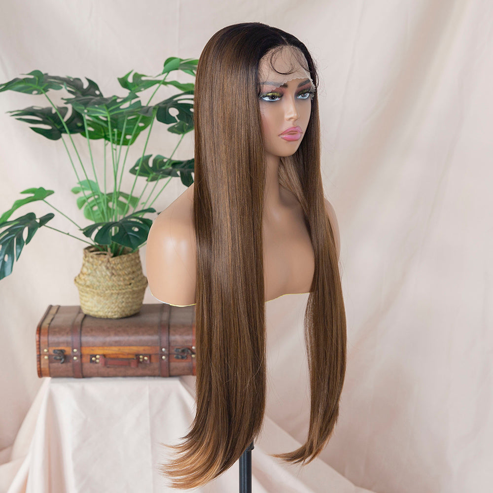 Long Straight Ombre Light Brown Wig with Honey blonde lining Silky