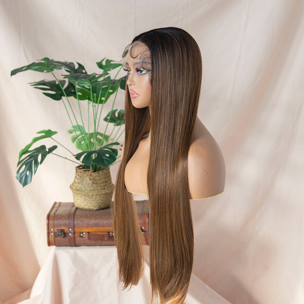 Long Straight Ombre Light Brown Wig with Honey blonde lining Silky Straight Synthetic Lace Front Wig