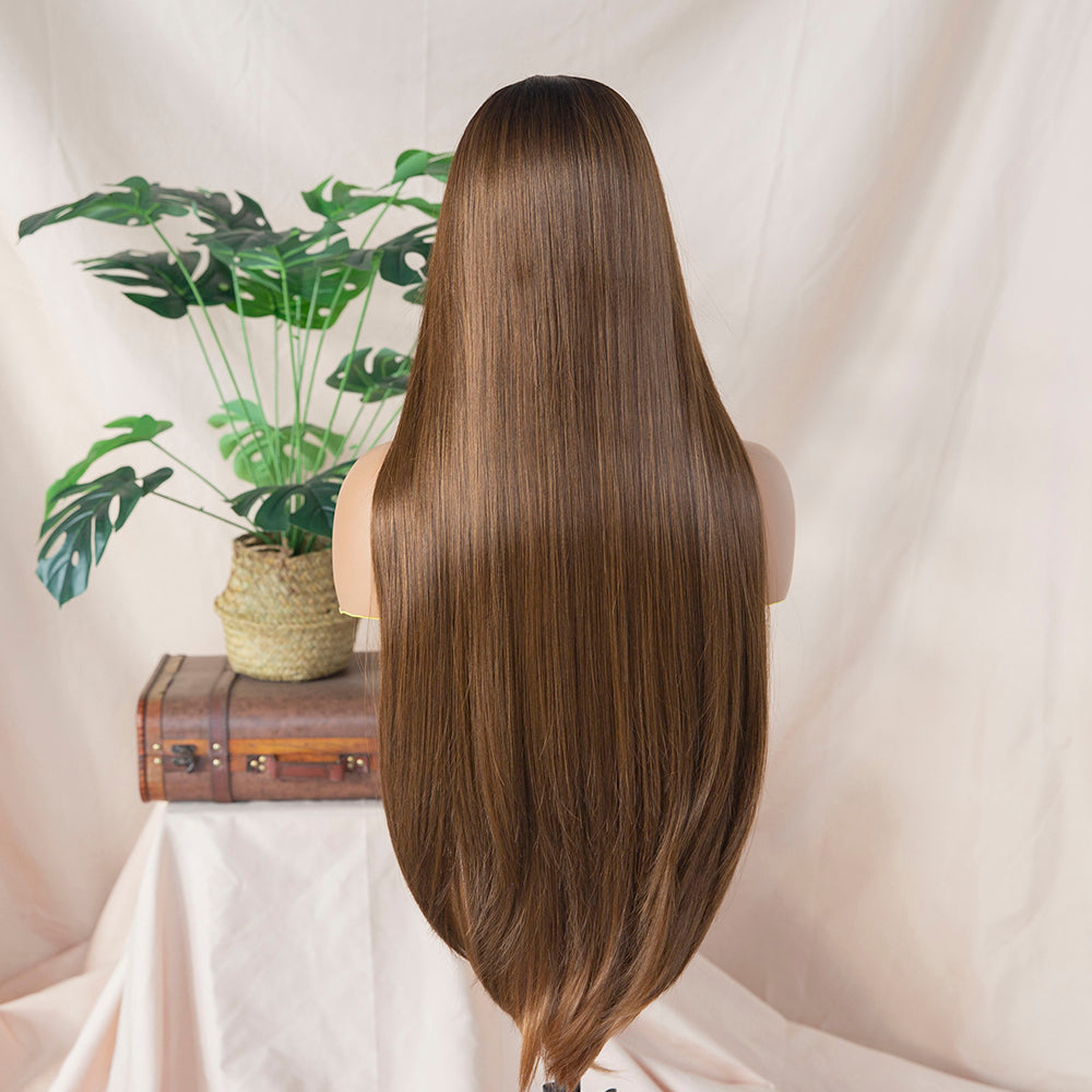 Long Straight Ombre Light Brown Wig with Honey blonde lining Silky Straight Synthetic Lace Front Wig