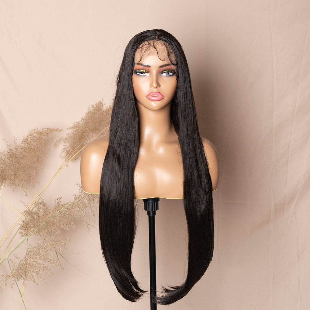 Long Straight White Wig Silky Straight Ombre Gray Black Roots Hair Synthetic Lace Front Wig