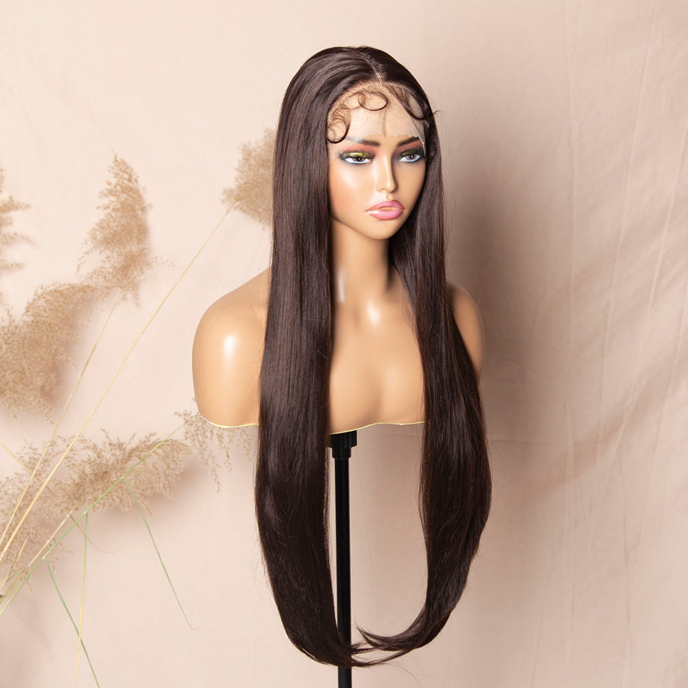 Chocolate Brown Silky Straight Wig Glueless Transparent Lace Wig Synthetic Lace Front Wig