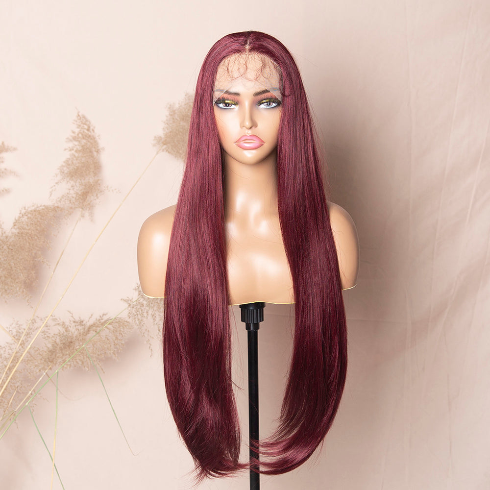 Burgundy 99J Hair Silky Straight Lace Wig Middle Part Synthetic