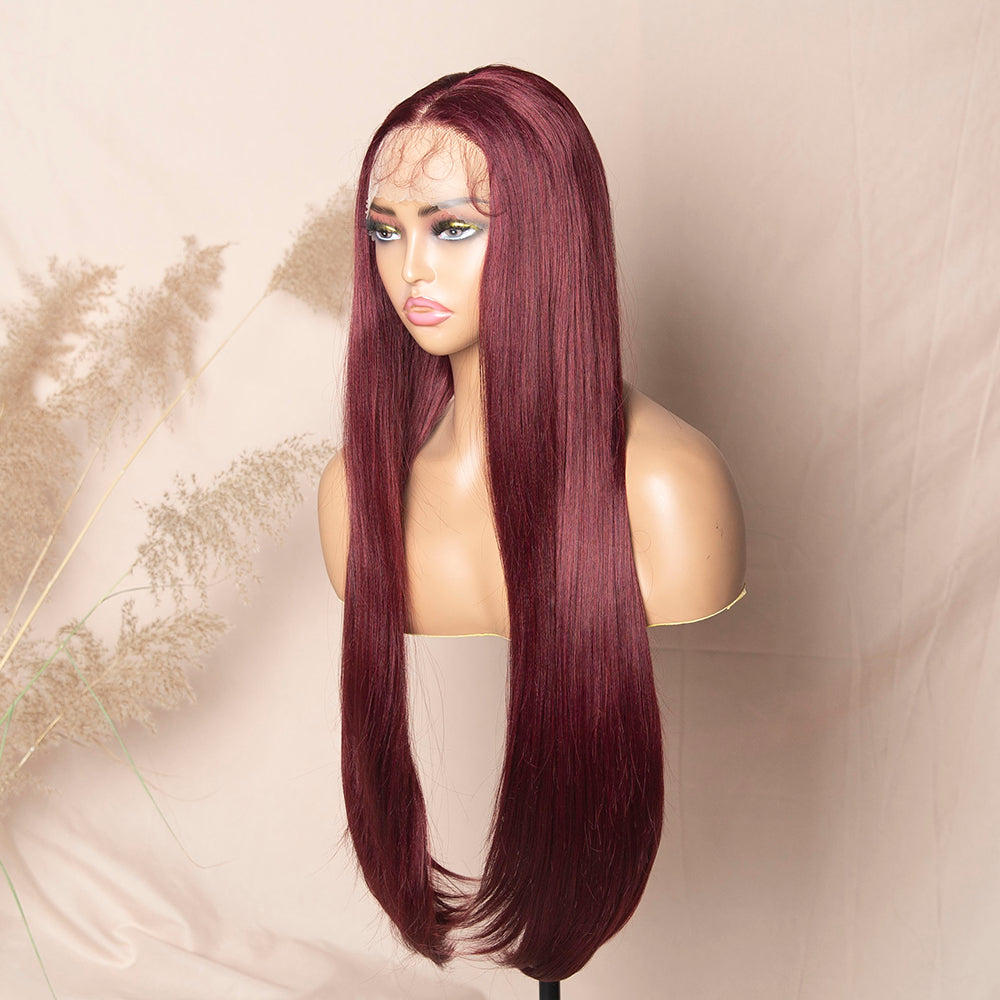 Burgundy 99J Hair Silky Straight Lace Wig Middle Part Synthetic Lace Front Wig