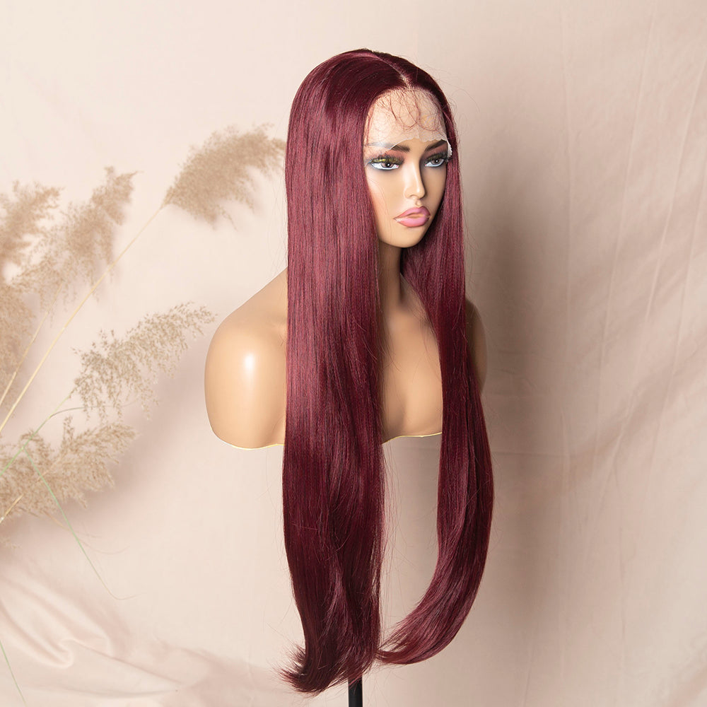 Burgundy 99J Hair Silky Straight Lace Wig Middle Part Synthetic Lace Front Wig