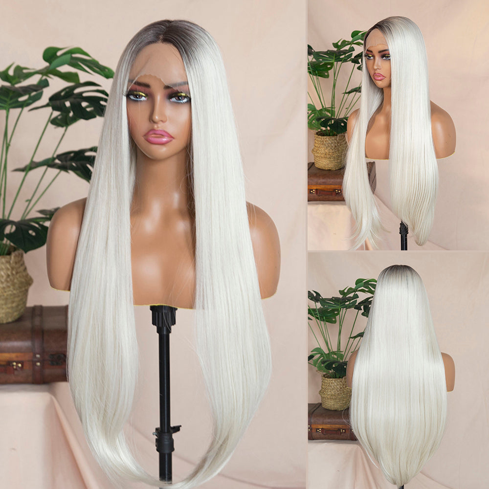 Long Straight White Wig Silky Straight Ombre Gray Black Roots Hair Synthetic Lace Front Wig