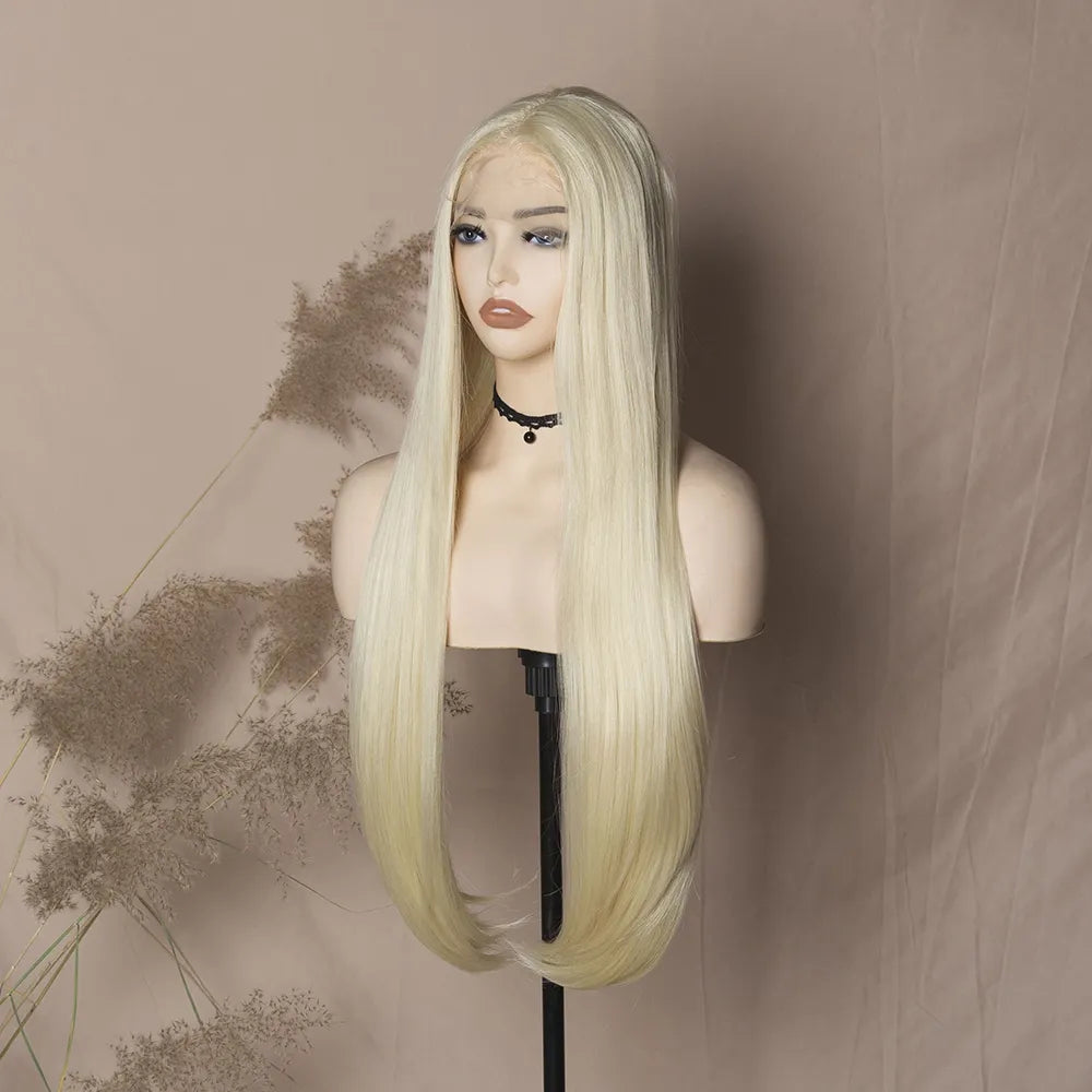 Long Silky Straight Platinum Blonde Wig Synthetic Lace Front Wig