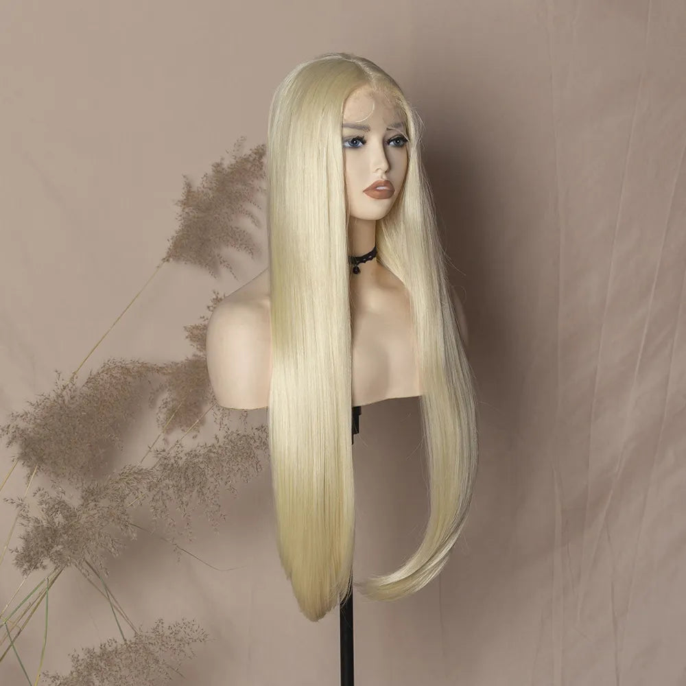 Long Silky Straight Platinum Blonde Wig Synthetic Lace Front Wig