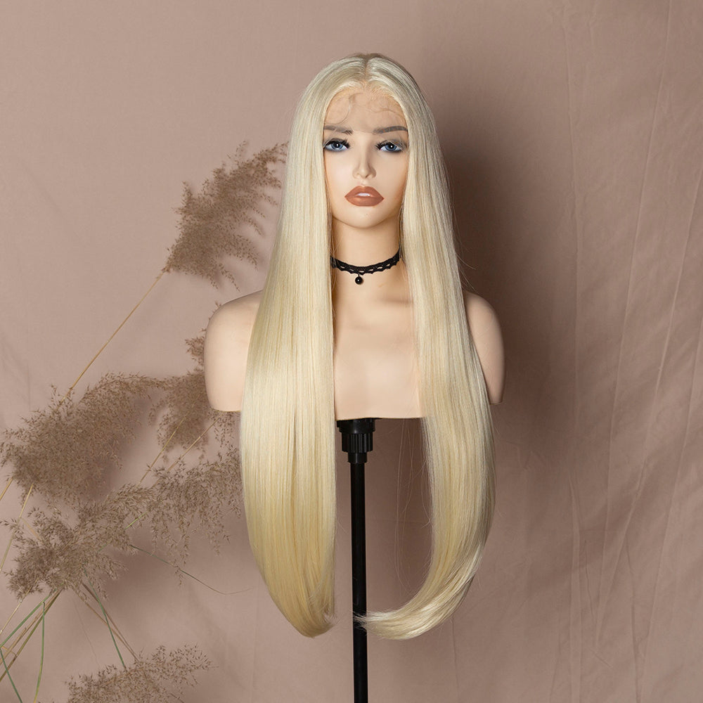 Long Straight White Wig Silky Straight Ombre Gray Black Roots Hair Synthetic Lace Front Wig