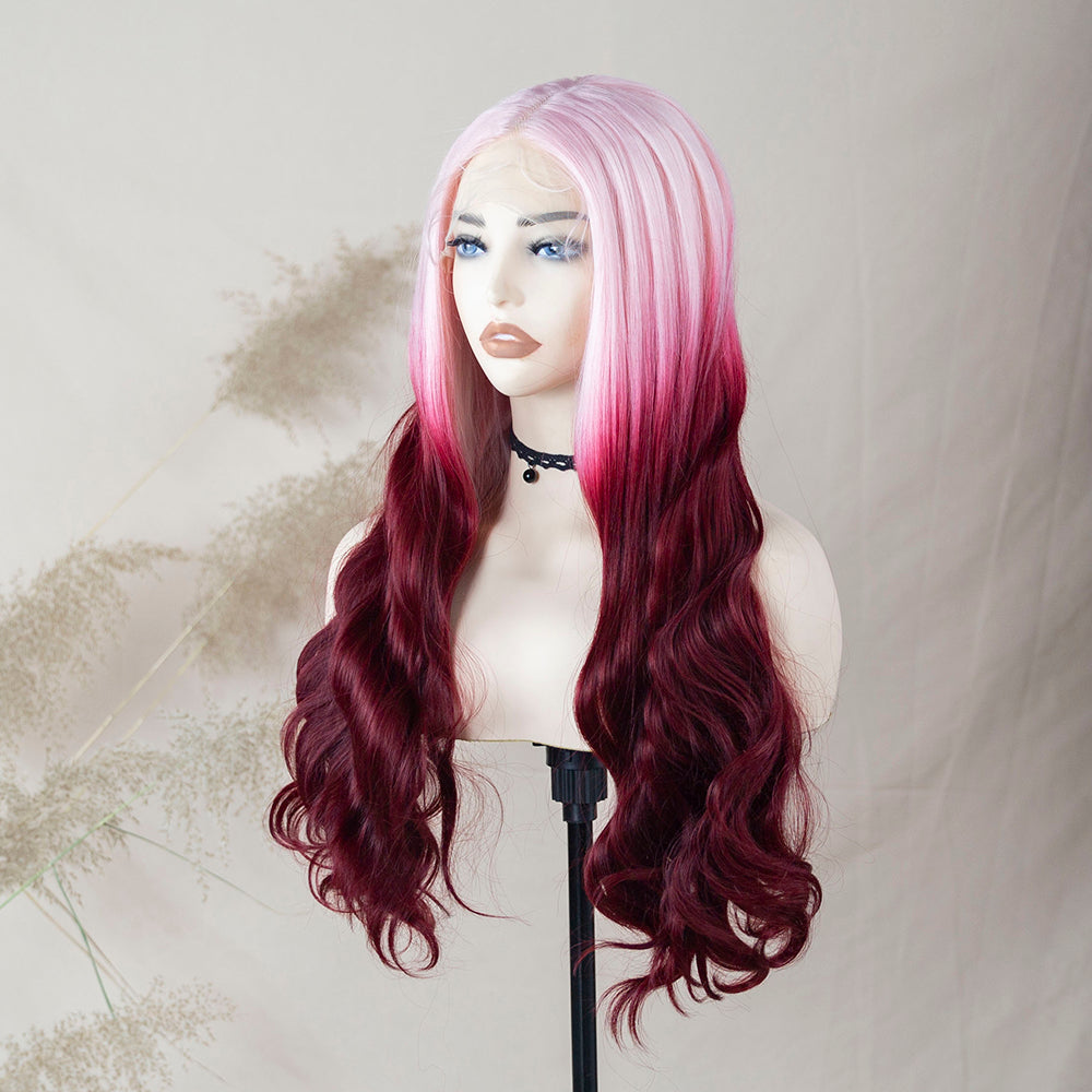 Body Wave Ombre Pink Red Wig Cherry Blossom Lace Frontal Wig