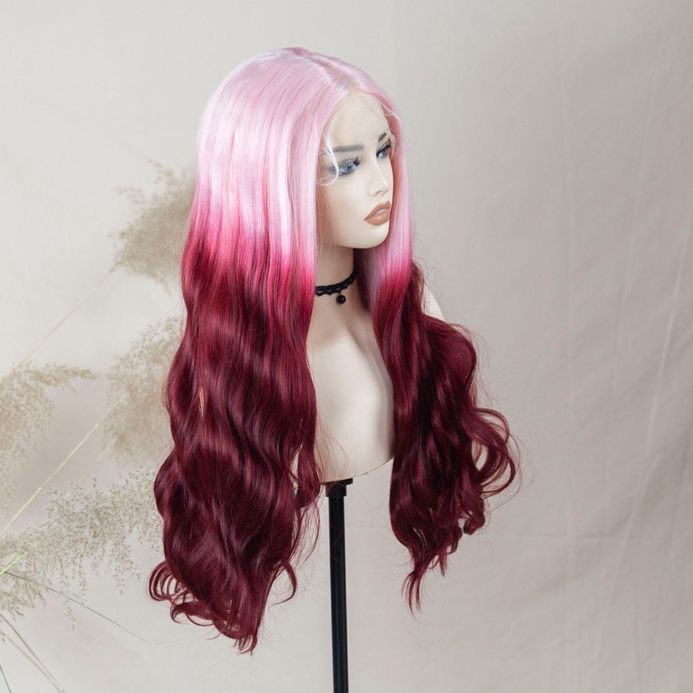 Body Wave Ombre Pink Red Wig Cherry Blossom Lace Frontal Wig Synthetic Lace Front Wig