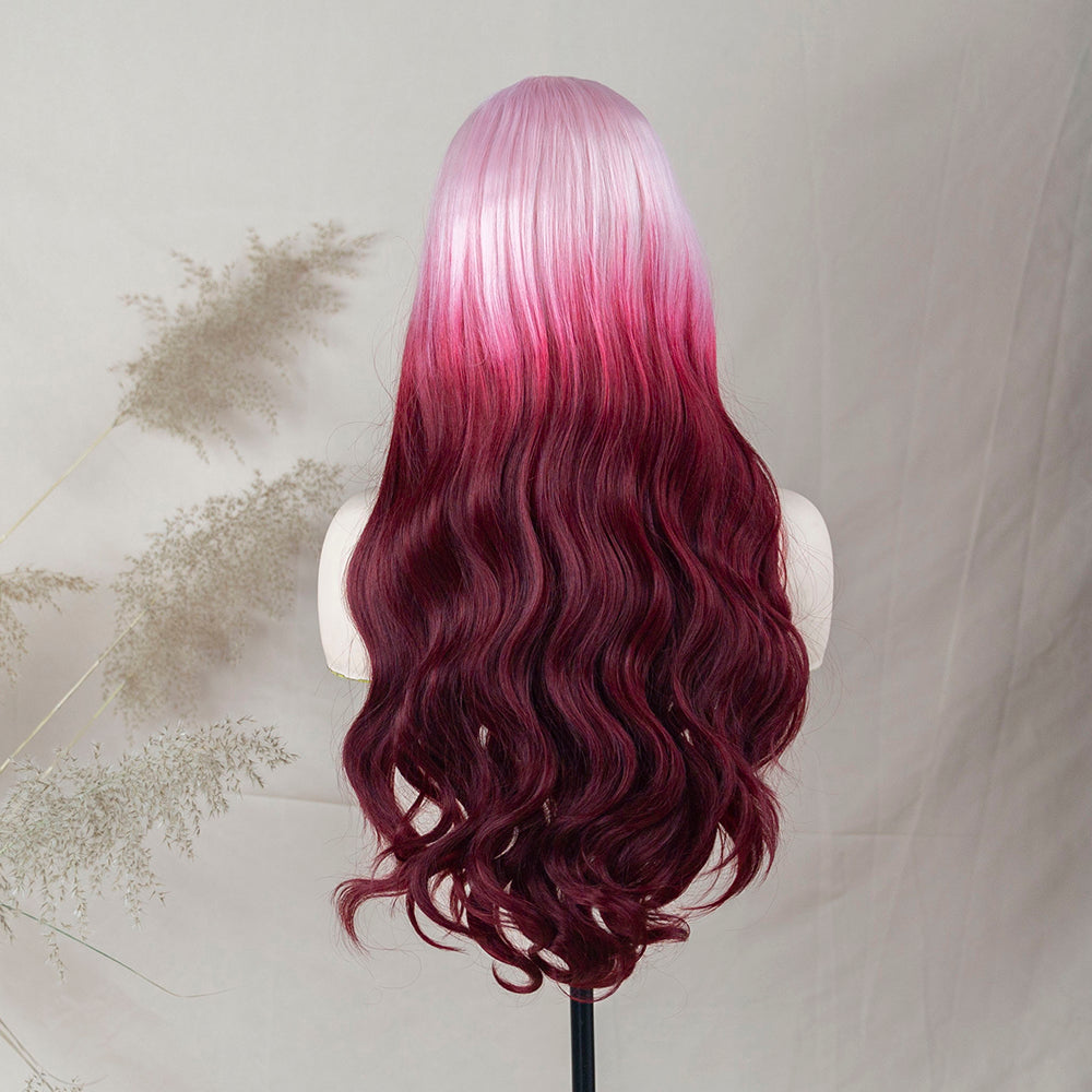 Body Wave Ombre Pink Red Wig Cherry Blossom Lace Frontal Wig Synthetic Lace Front Wig