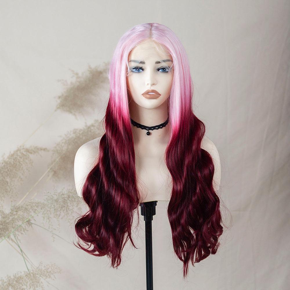 Body Wave Ombre Pink Red Wig Cherry Blossom Lace Frontal Wig Synthetic Lace Front Wig