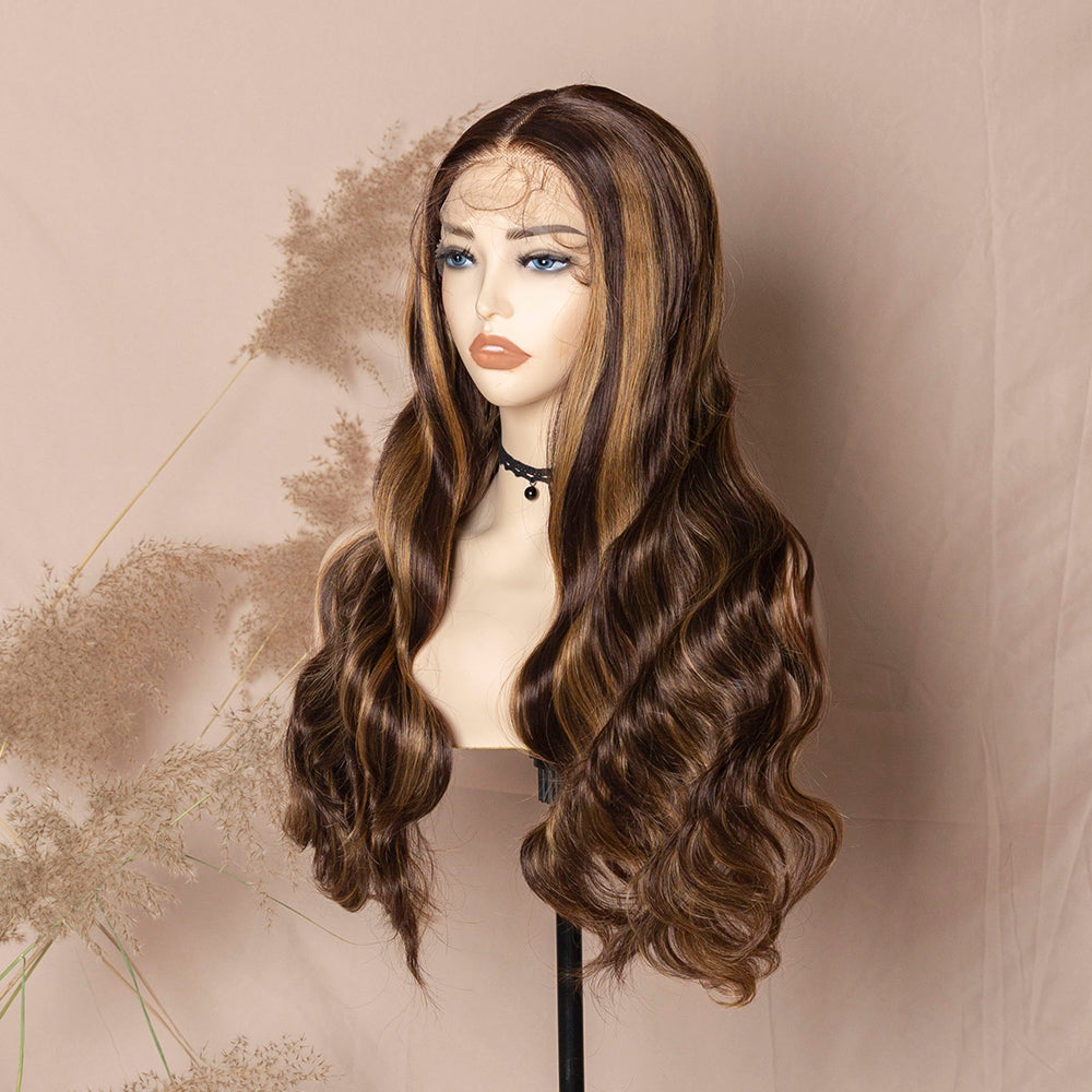 Honey Blonde Highlight Brown Wig Body Wave Synthetic Lace Front Wig