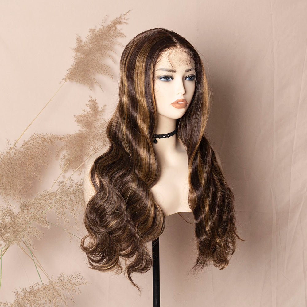 Honey Blonde Highlight Brown Wig Body Wave Synthetic Lace Front Wig