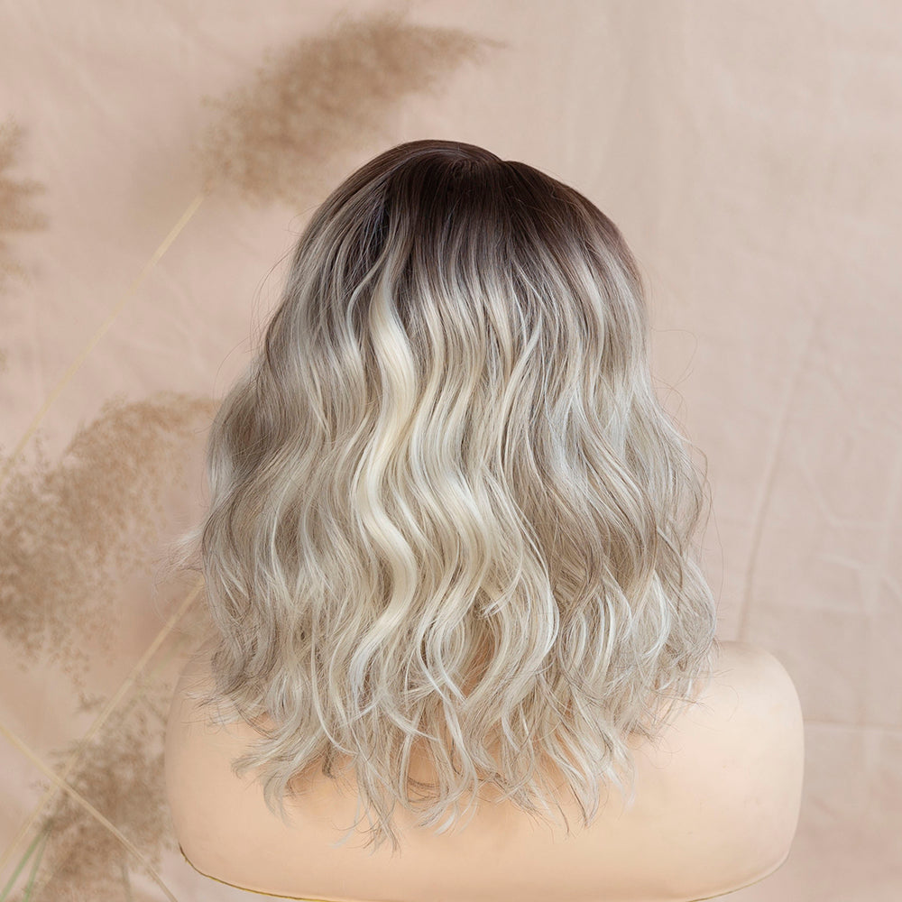 Short Natural Wave Balayage Ash Blonde Wig Ombre Blonde Bob Wig Synthetic Transparent Lace Front Wig