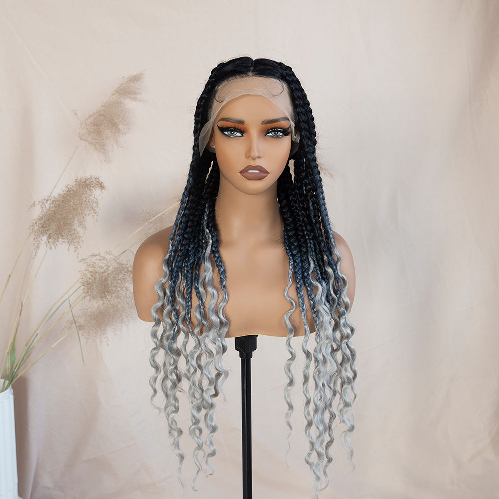 Synthetic Full Lace Braided Wigs For Black Women Knotless Box Braids With Curly Ends