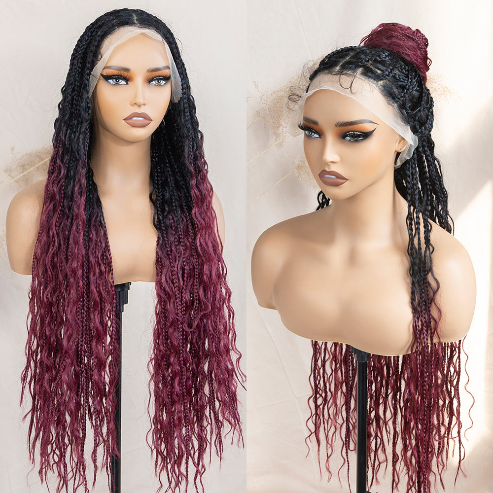 Boho Square Knotless Box Braid Wigs Full Lace Braided Wig Boho Curly Box Braids Wig With Baby Hair