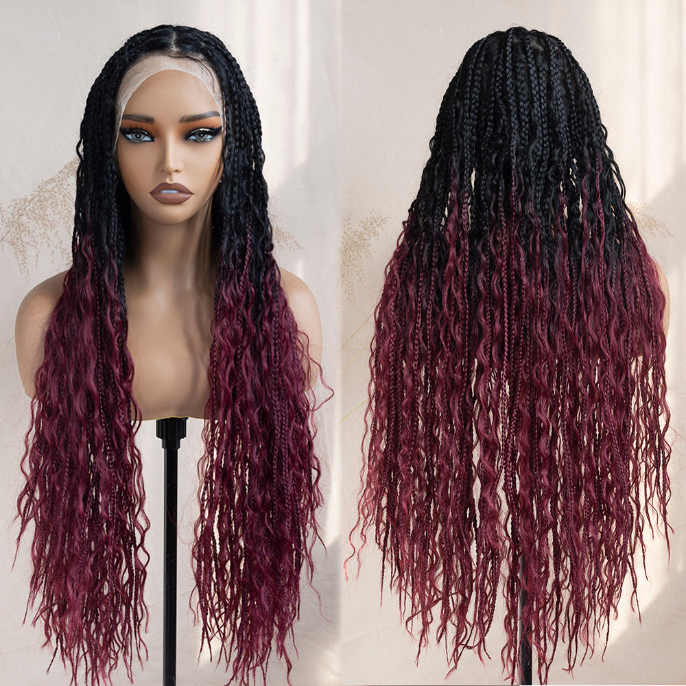 Boho Square Knotless Box Braid Wigs Full Lace Braided Wig Boho Curly Box Braids Wig With Baby Hair