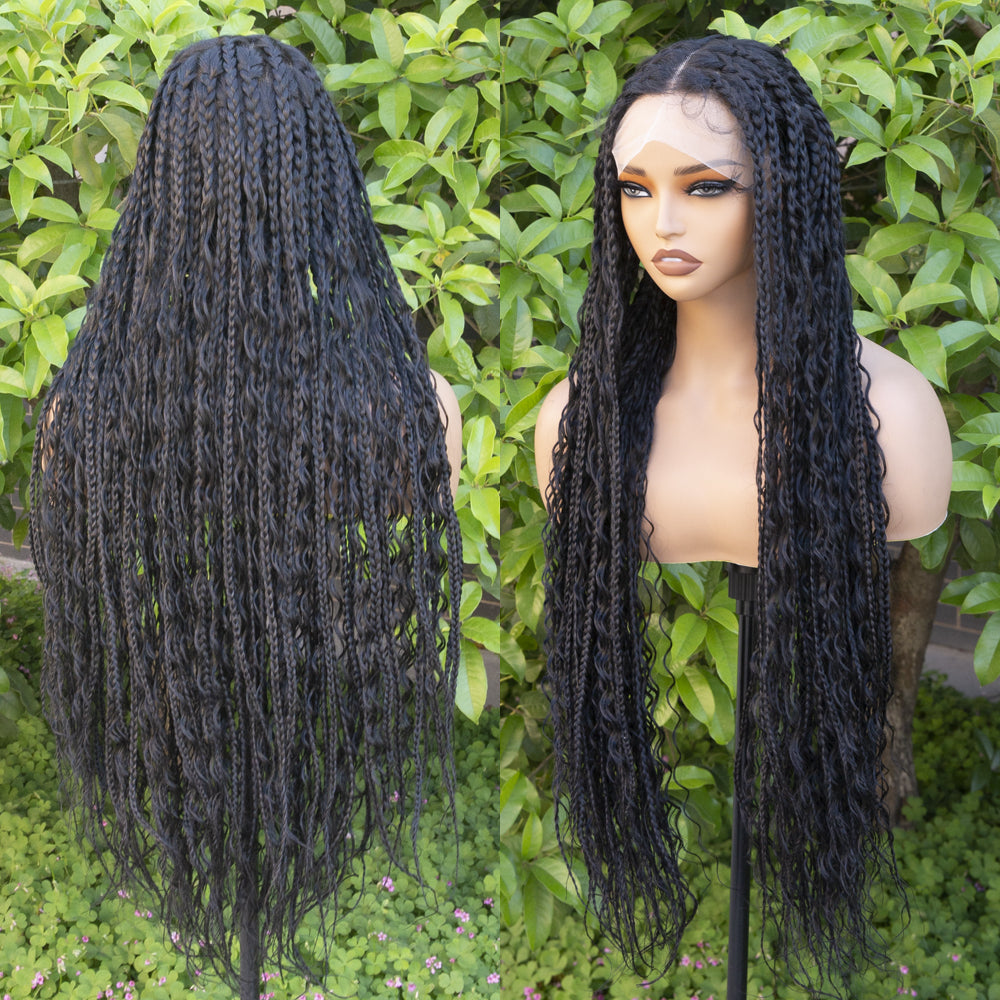 Boho Square Knotless Box Braid Wigs Full Lace Braided Wig Boho Curly Box Braids Wig With Baby Hair