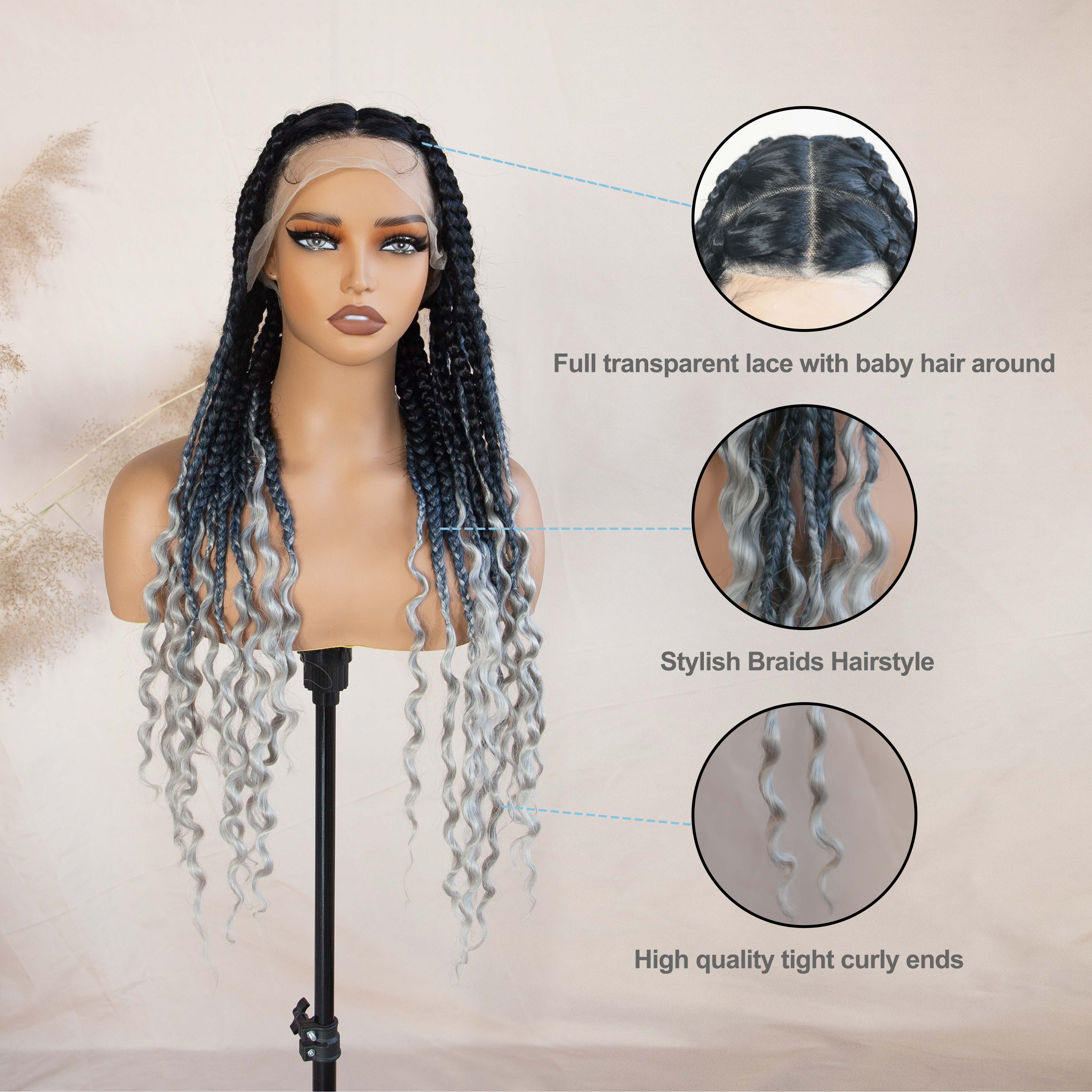 Synthetic Full Lace Braided Wigs For Black Women Knotless Box Braids With Curly Ends