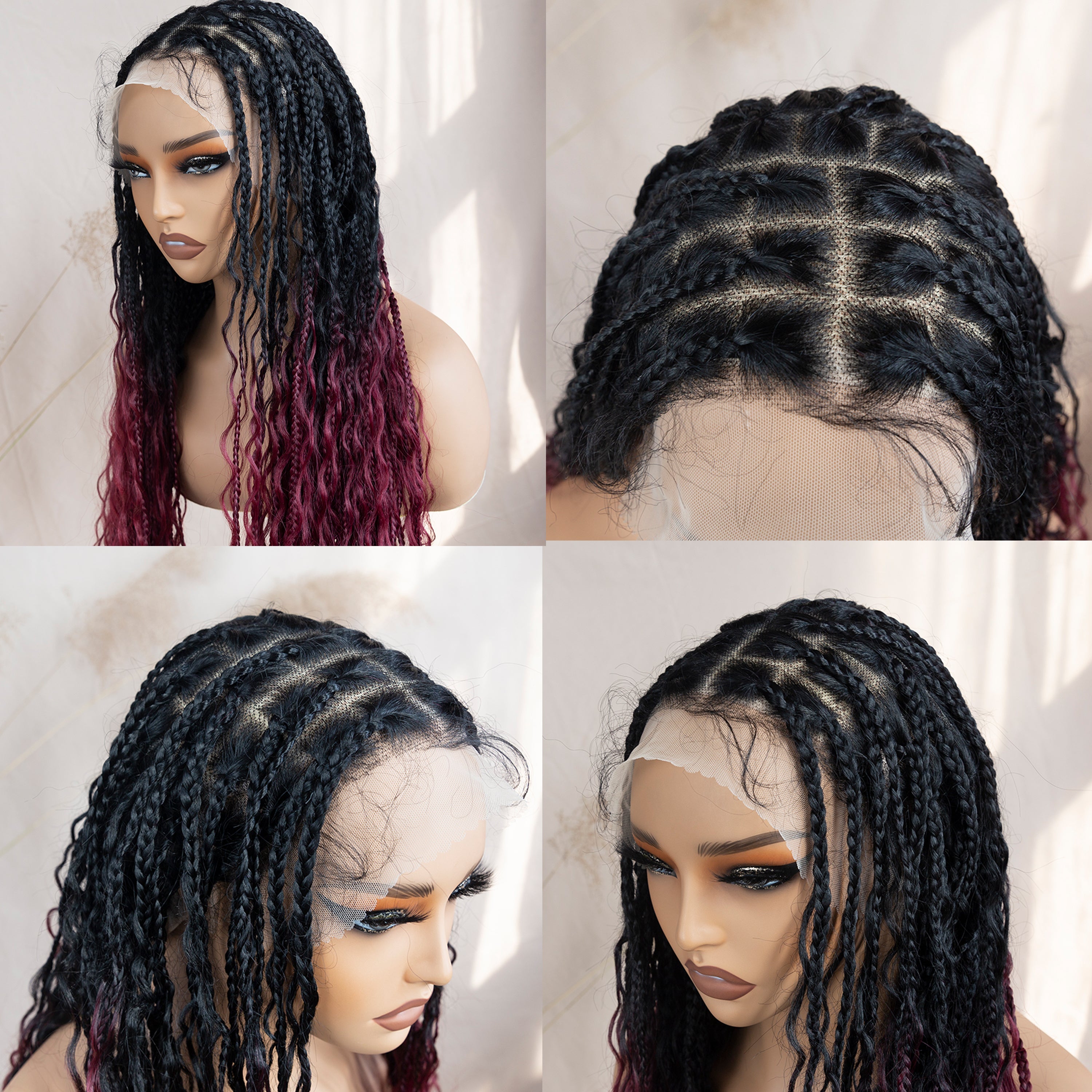 Flash Sale 30% Off Boho Knotless Box Braids Full lace Braided Wig Ombre Red