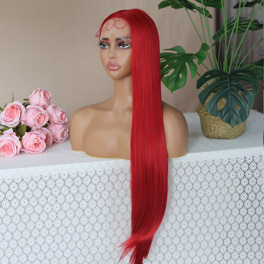 Red Color Silky Straight Hair Glueless Lace Wig Synthetic Lace