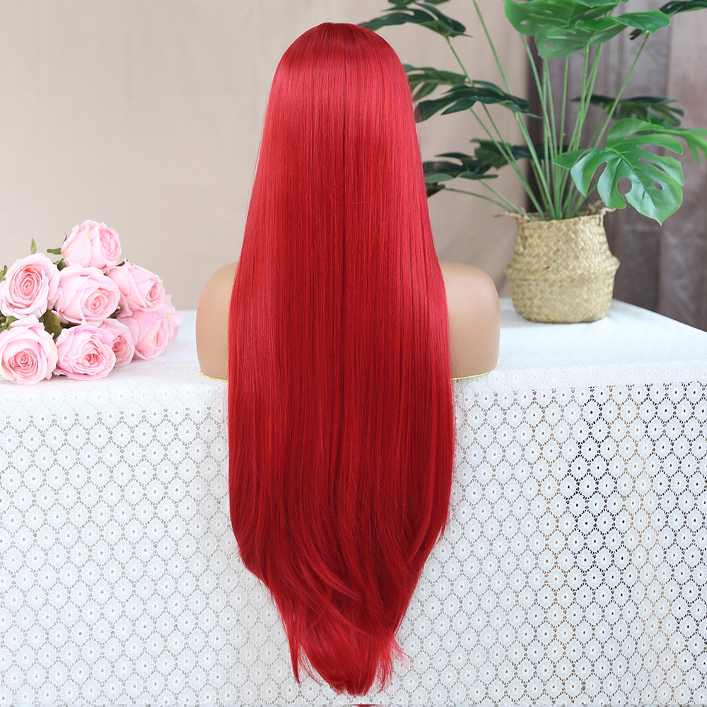 Red Color Silky Straight Hair Glueless Lace Wig Synthetic Lace Front Wig