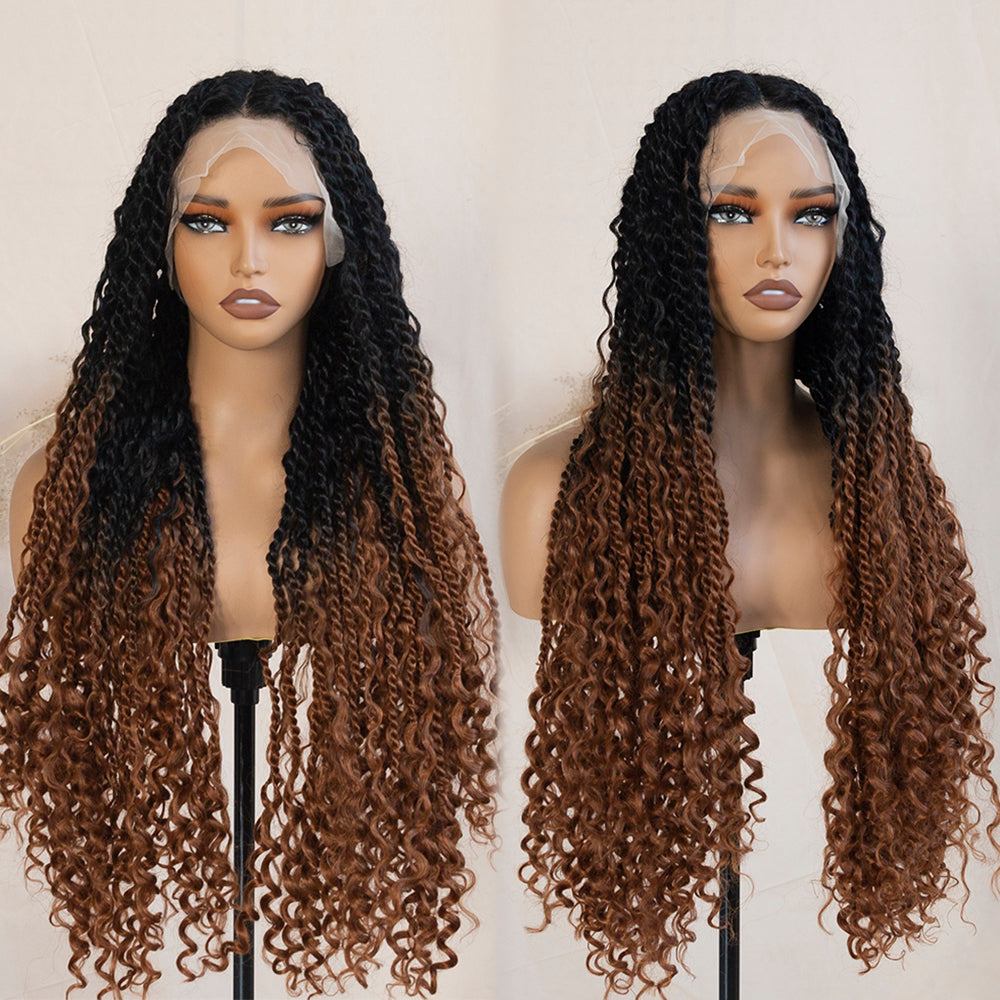 Boho Twist Braided Full Lace Wig Knotless Senegalese Twists With Curly Ends