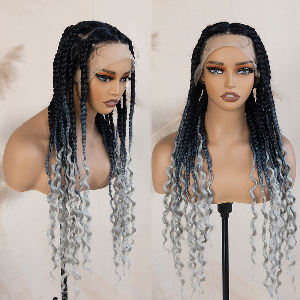 Synthetic Full Lace Braided Wigs For Black Women Knotless Box Braids With Curly Ends