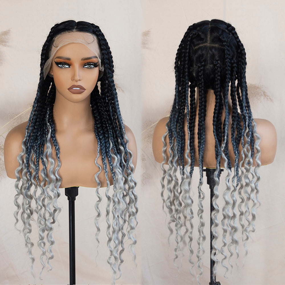 Synthetic Full Lace Braided Wigs For Black Women Knotless Box Braids With Curly Ends