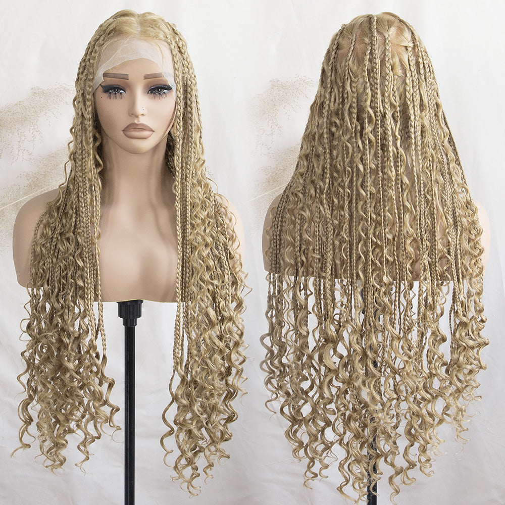 Full Lace Braided Wig Boho Triangle Knotless Braided Wig With Curly Ends Goddess Box Braids Wig