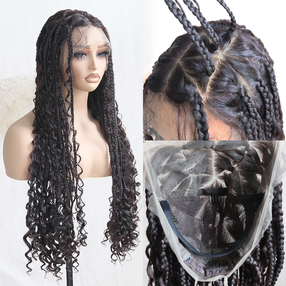 Full Lace Braided Wig Boho Triangle Knotless Braided Wig With Curly Ends Goddess Box Braids Wig