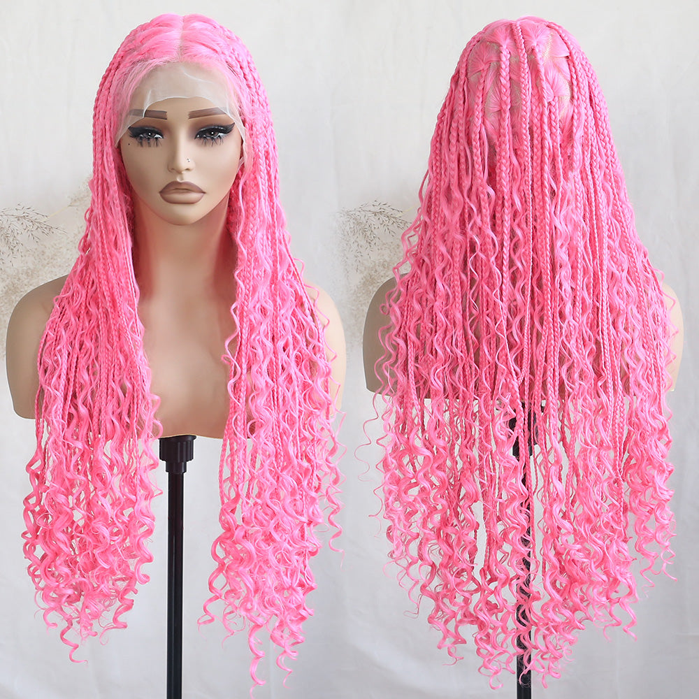 Full Lace Braided Wig Boho Triangle Knotless Braided Wig With Curly Ends Goddess Box Braids Wig