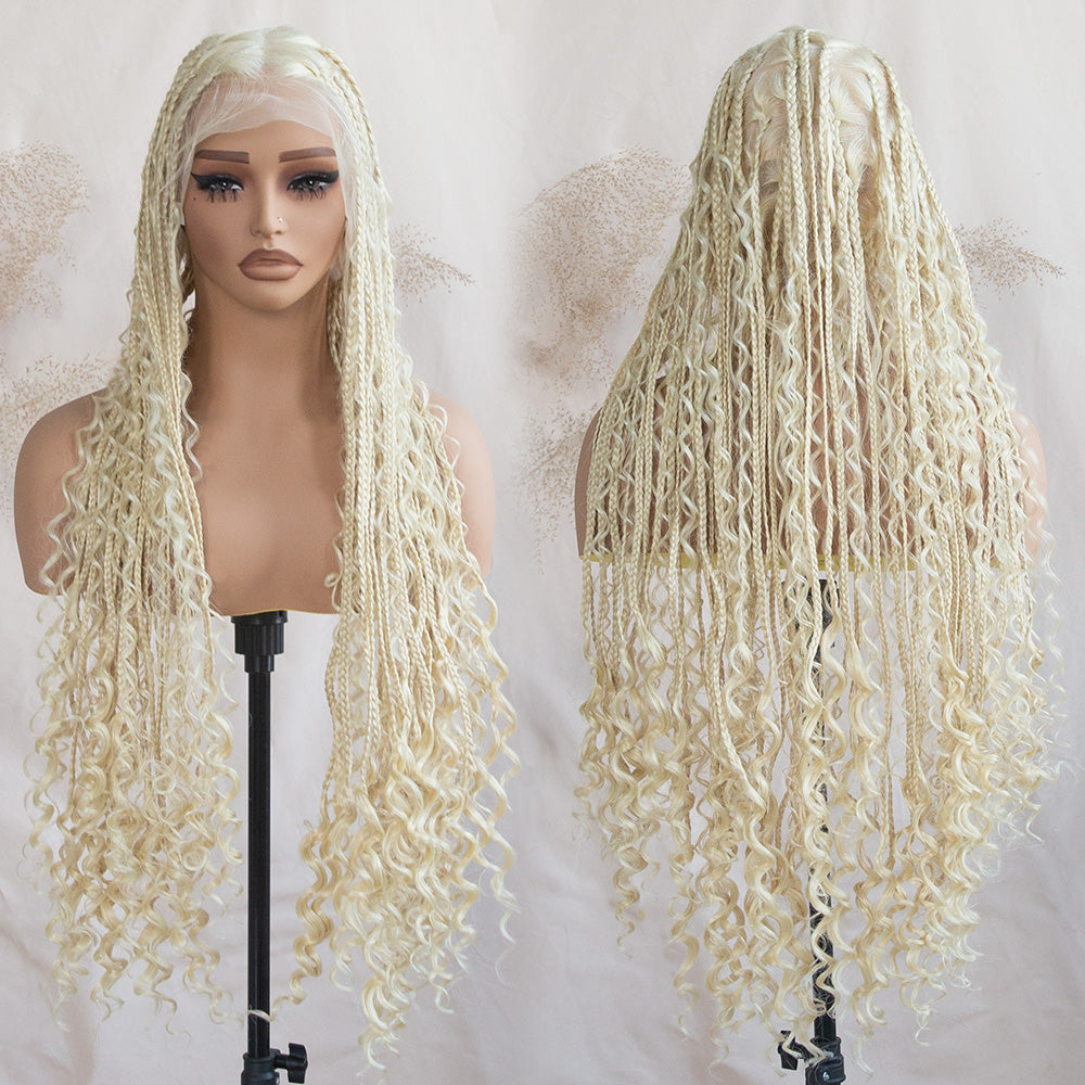 Full Lace Braided Wig Boho Triangle Knotless Braided Wig With Curly Ends Goddess Box Braids Wig