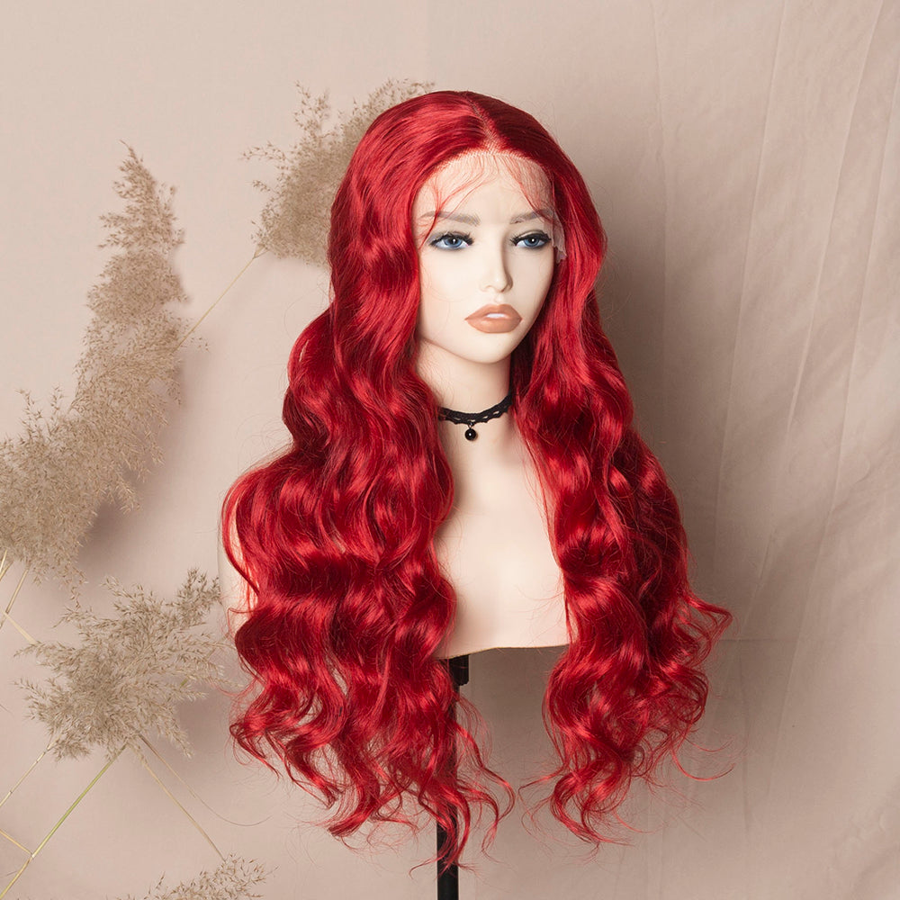 Red Color Glueless Lace Wig Loose Wave Hair Synthetic Lace Front Wig