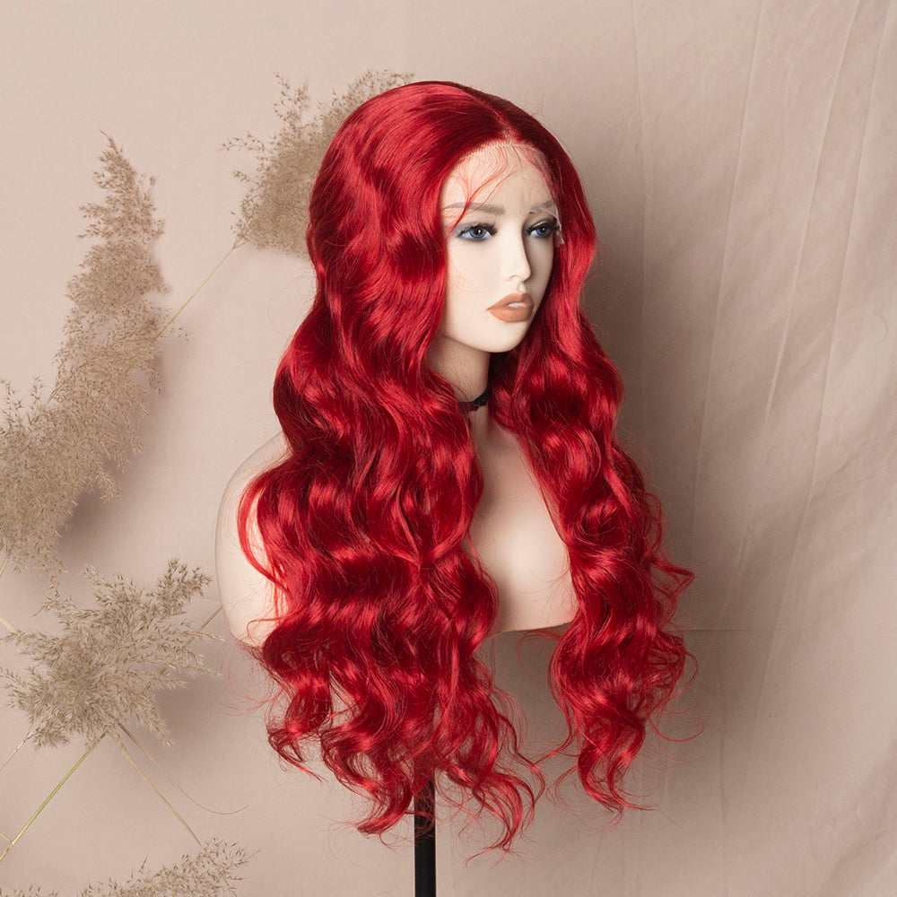 Red Color Glueless Lace Wig Loose Wave Hair Synthetic Lace Front Wig