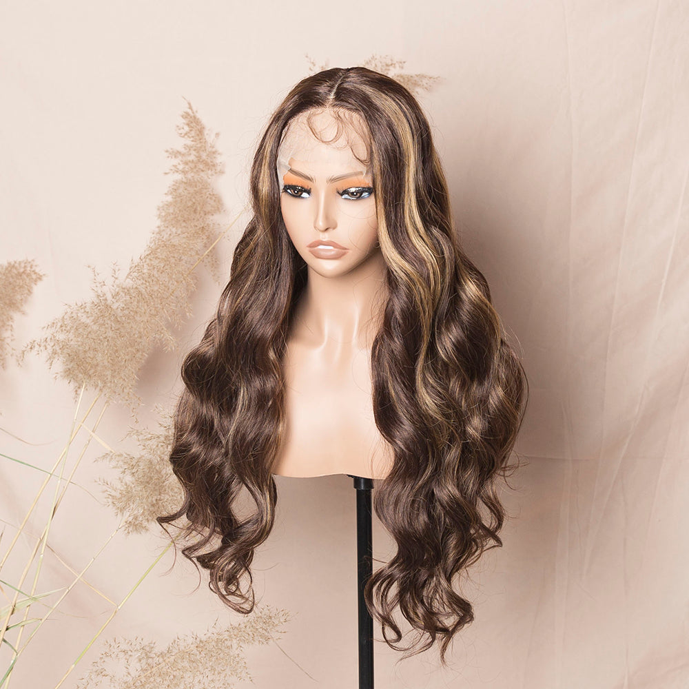 Honey Blonde Highlights Brown Lace Wig Loose Wave Premium Synthetic Lace Front Wig