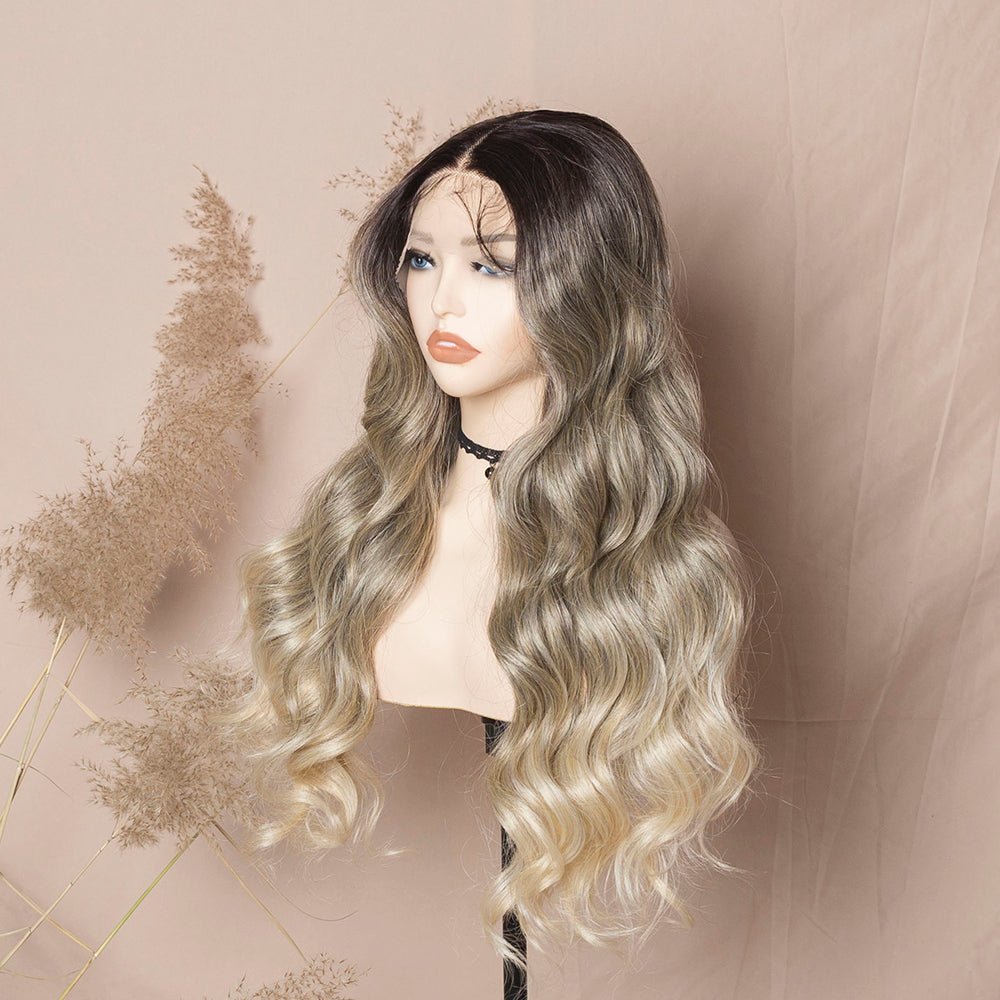 Ombre Ash Blonde Lace Front Wig With Brown Roots Loose Wave