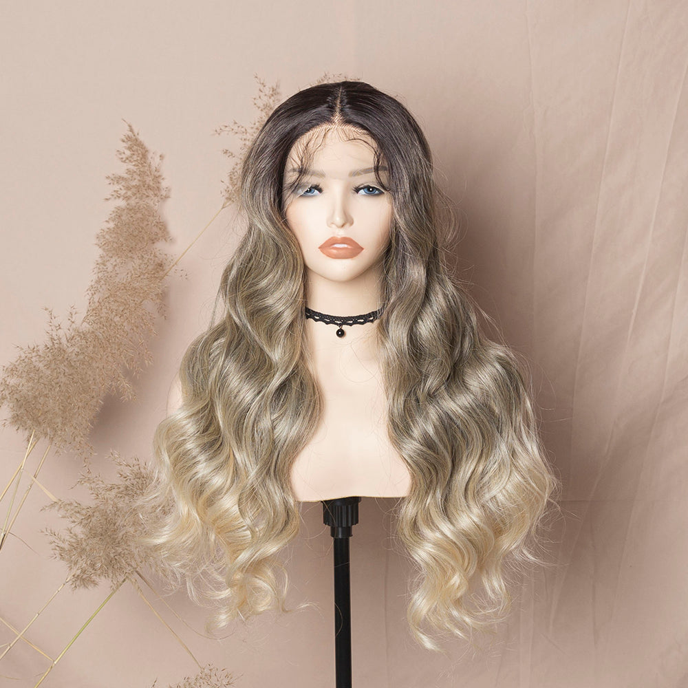 Ombre Ash Blonde Lace Front Wig With Brown Roots Loose Wave Synthetic Lace Front Wig